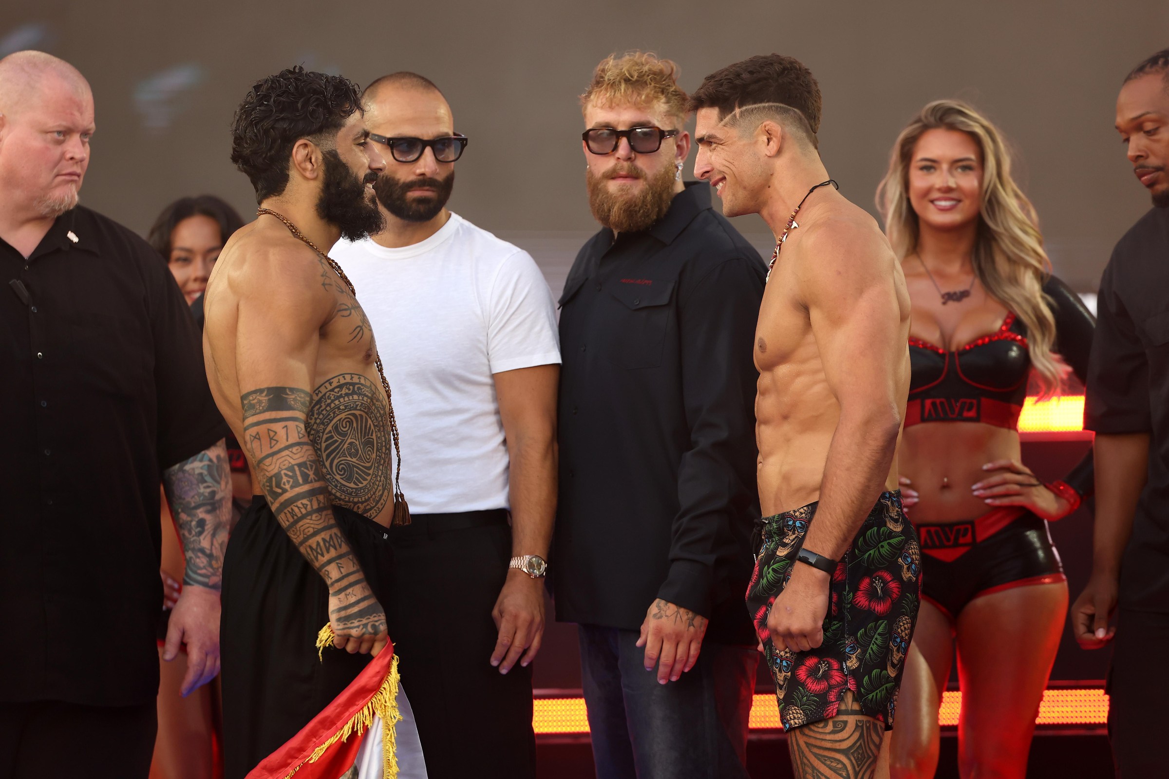 INGLEWOOD, CALIFORNIA - MAY 15: Jake Babian faces off against Namo Fazil during the Weigh-In for Netflix’s Ronda Rousey vs. Gina Carano at Intuit Dome on May 15, 2026 in Inglewood, California. (Photo by Sarah Stier/Getty Images for Netflix)