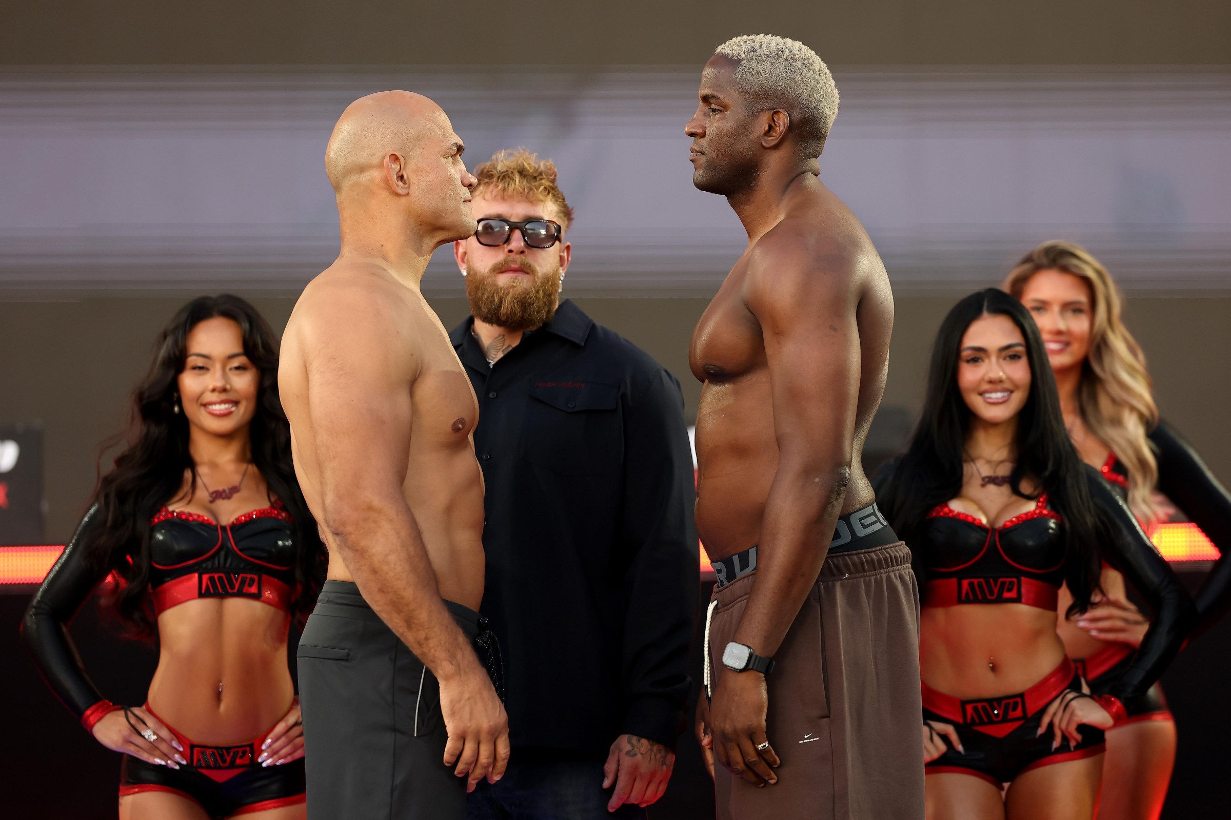 INGLEWOOD, CALIFORNIA - MAY 15: Junior dos Santos faces off against Robelis Despaigne during the Weigh-In for Netflix’s Ronda Rousey vs. Gina Carano at Intuit Dome on May 15, 2026 in Inglewood, California. (Photo by Sarah Stier/Getty Images for Netflix)
