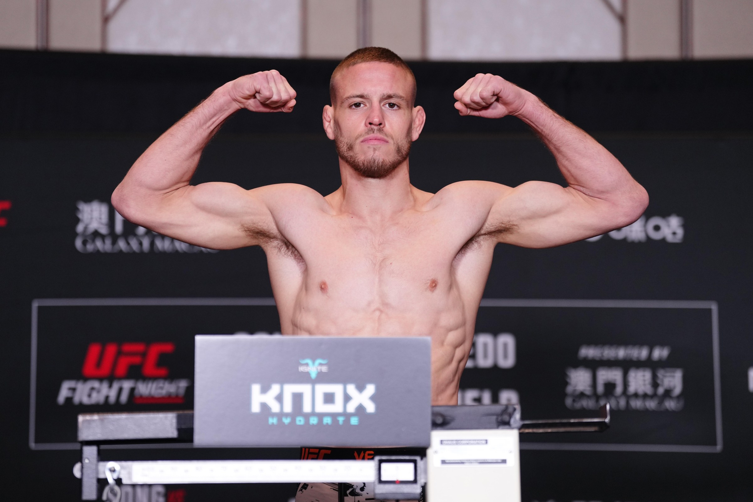 MACAU, CHINA - MAY 29: Cody Haddon of Australia poses on the scale during the UFC Fight Night official weigh-ins at Galaxy International Convention Center on May 29, 2026 in Macau, China. (Photo by Jeff Bottari/Zuffa LLC)