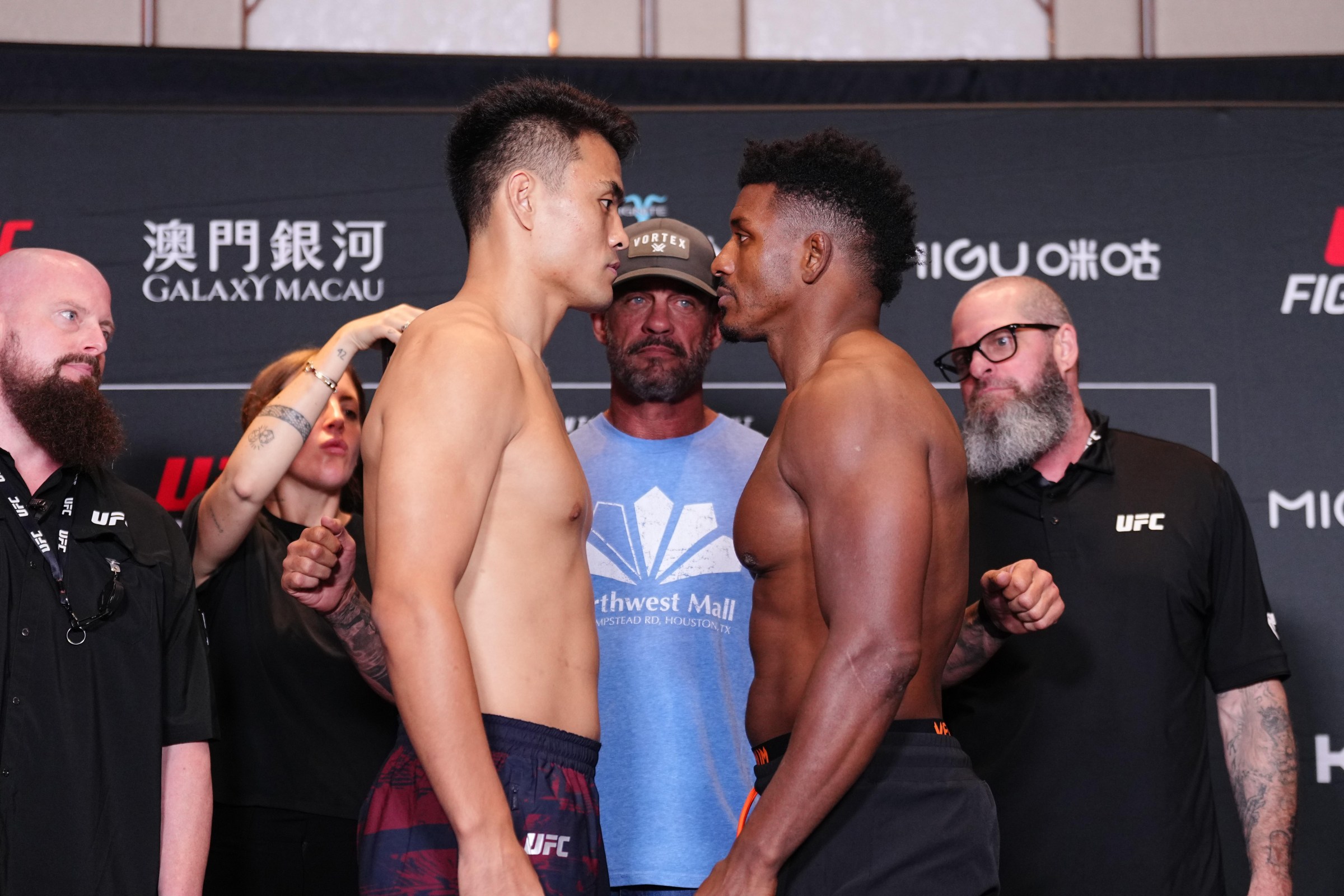 MACAU, CHINA - MAY 29: (L-R) Zhang Mingyang of China and Alonzo Menifield face off during the UFC Fight Night official weigh-ins at Galaxy International Convention Center on May 29, 2026 in Macau, China. (Photo by Jeff Bottari/Zuffa LLC)
