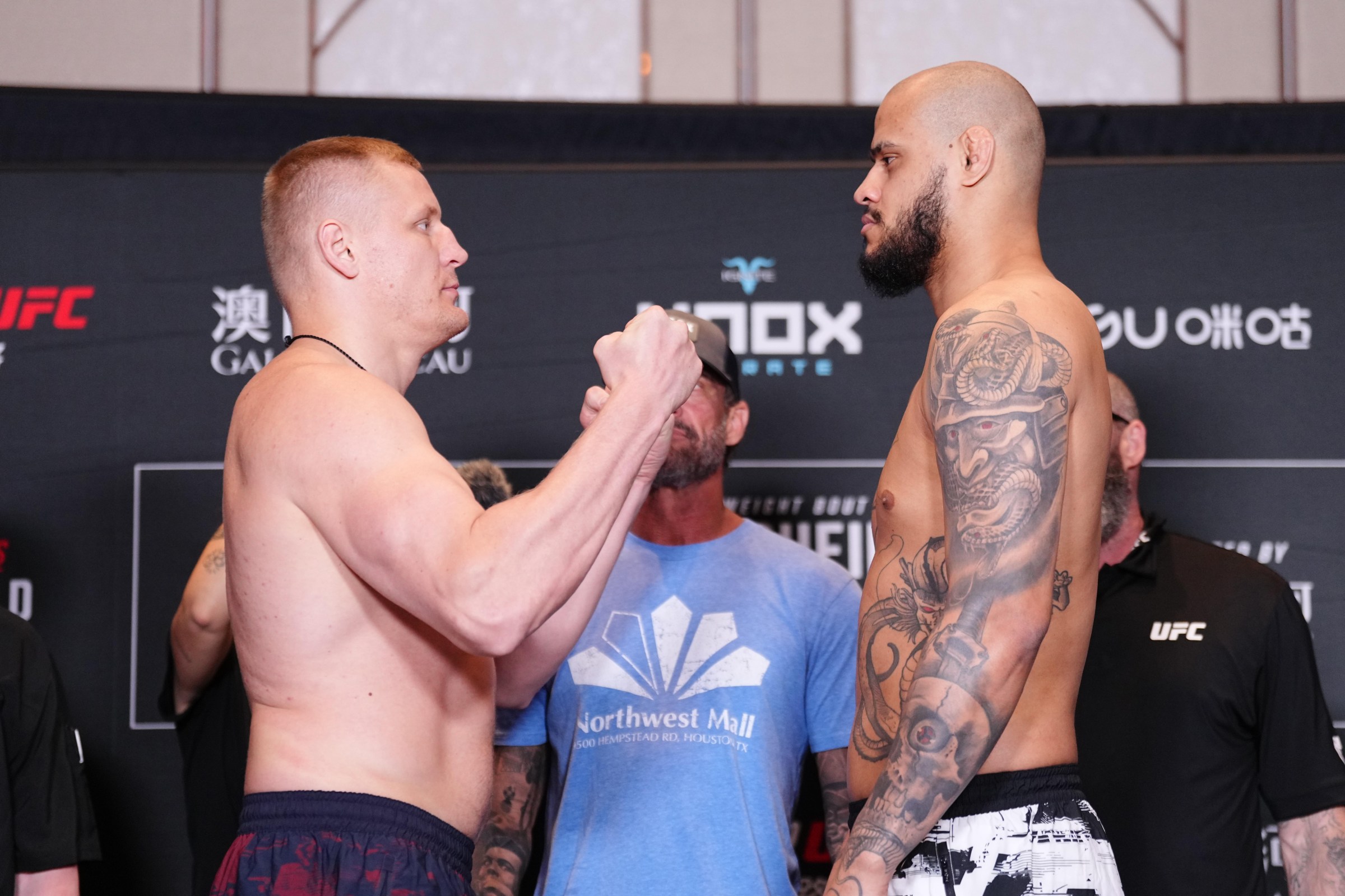 MACAU, CHINA - MAY 29: (L-R) Sergei Pavlovich of Russia and Tallison Teixeira of Brazil face off during the UFC Fight Night official weigh-ins at Galaxy International Convention Center on May 29, 2026 in Macau, China. (Photo by Jeff Bottari/Zuffa LLC)