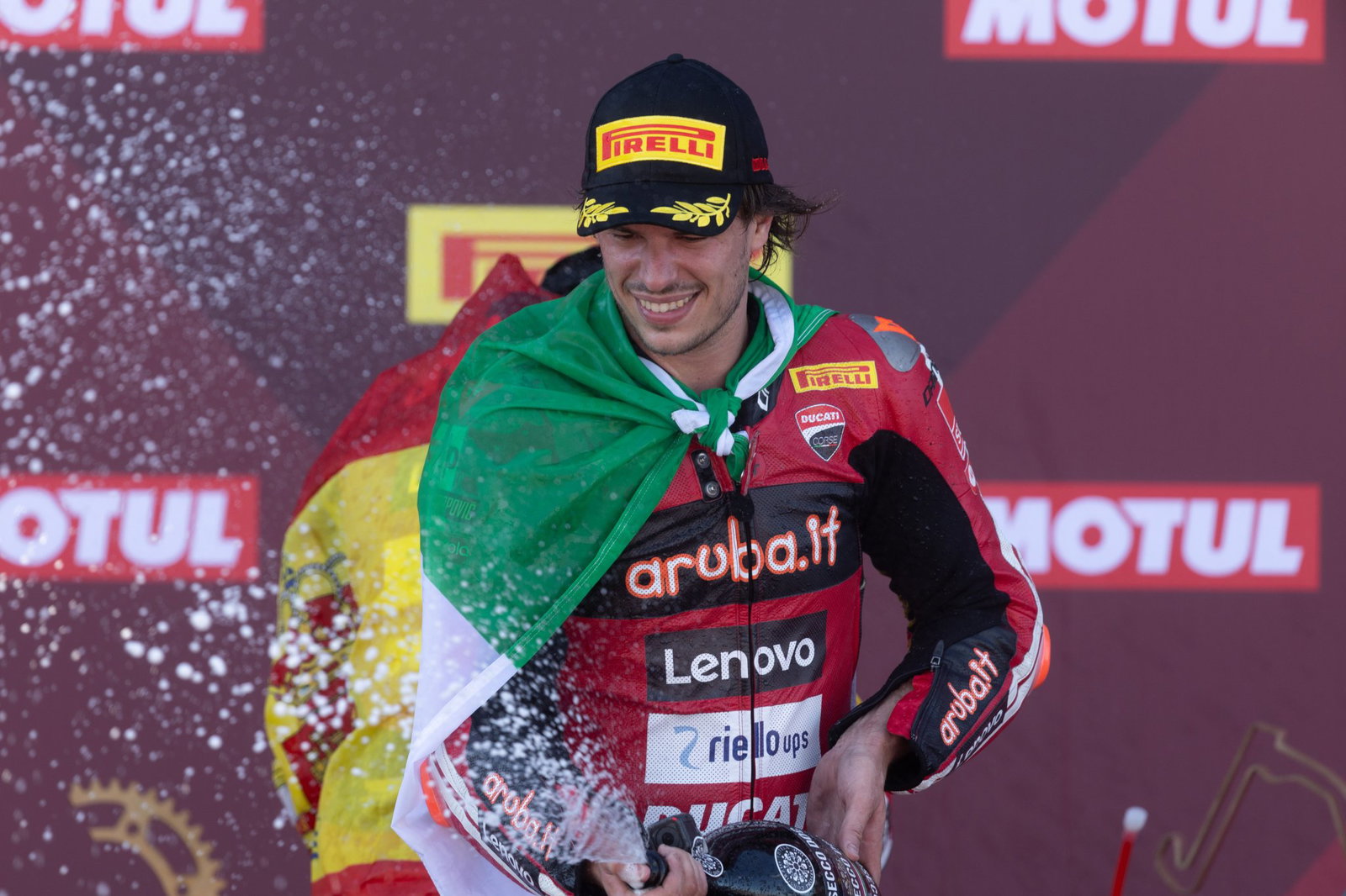 Nicolo Bulega, 2026 Hungarian WorldSBK, podium. Credit: Gold and Goose.