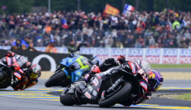 Jorge Martin leads Marco Bezzecchi, Ai Ogura, 2026 MotoGP French Grand Prix. Credit: Gold and Goose.