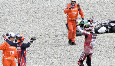 Marini, Bagnaia call for assistance for Zarco after Turn 1 crash, 2026 Catalan MotoGP.