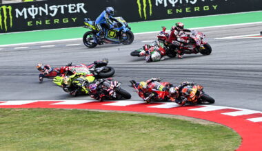 Zarco, Bagnaia, Marini, Turn 1 accident, 2026 Catalan MotoGP.