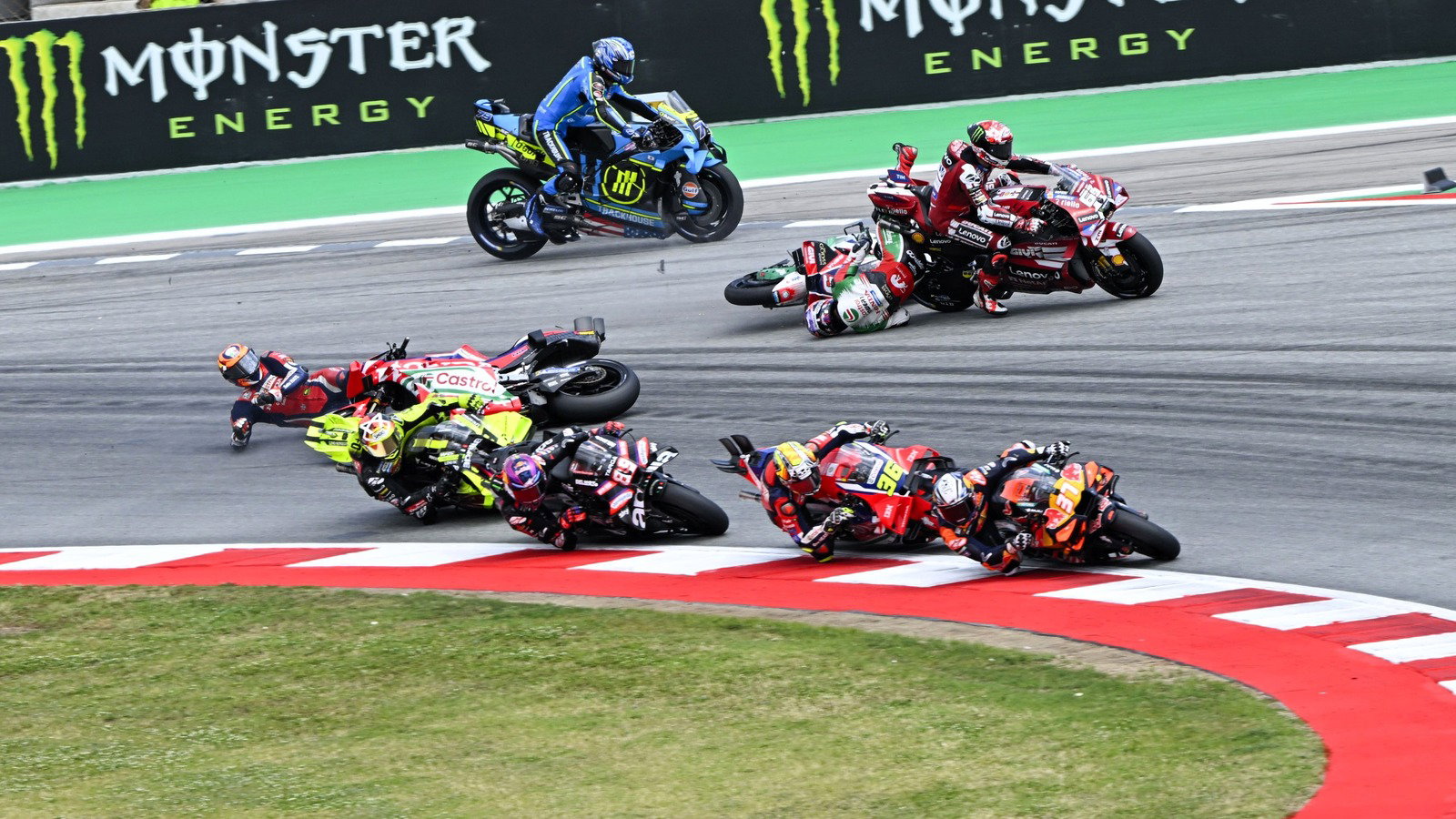 Zarco, Bagnaia, Marini, Turn 1 accident, 2026 Catalan MotoGP.