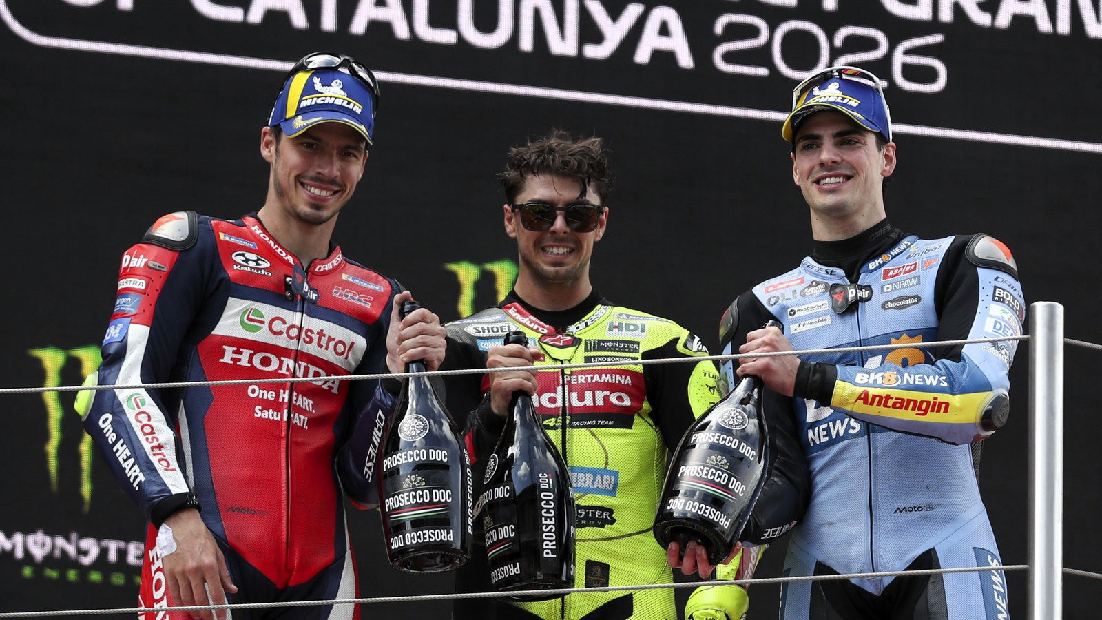 di Giannantonio, Mir, Aldeguer, podium, 2026 Catalan MotoGP.