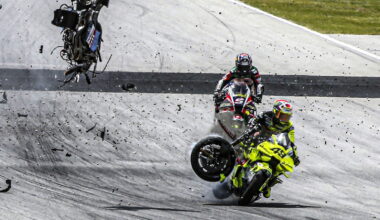 Fabio di Giannantonio hit by debris from Alex Marquez's bike, 2026 Catalan MotoGP.