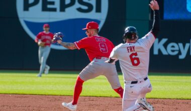 Los Angeles Angels' Zach Neto (9) forces out Cleveland Guardians' David Fry (6) at second base during the second inning of a baseball game, Monday, May 11, 2026, in Cleveland. (AP Photo/Phil Long)