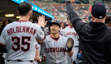 Cleveland Guardians' Steven Kwan celebrates scoring against the Detroit Tigers during the seventh inning of a baseball game Tuesday, May 19, 2026, in Detroit. (AP Photo/Paul Sancya)