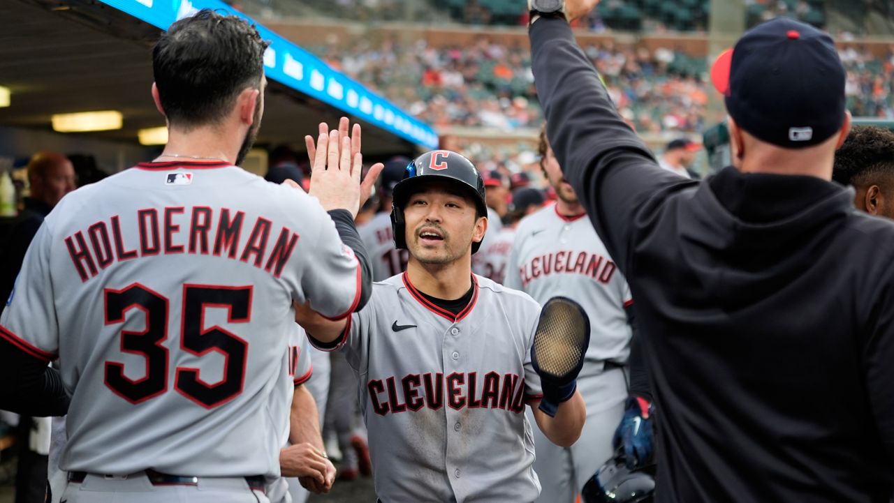 Cleveland Guardians' Steven Kwan celebrates scoring against the Detroit Tigers during the seventh inning of a baseball game Tuesday, May 19, 2026, in Detroit. (AP Photo/Paul Sancya)