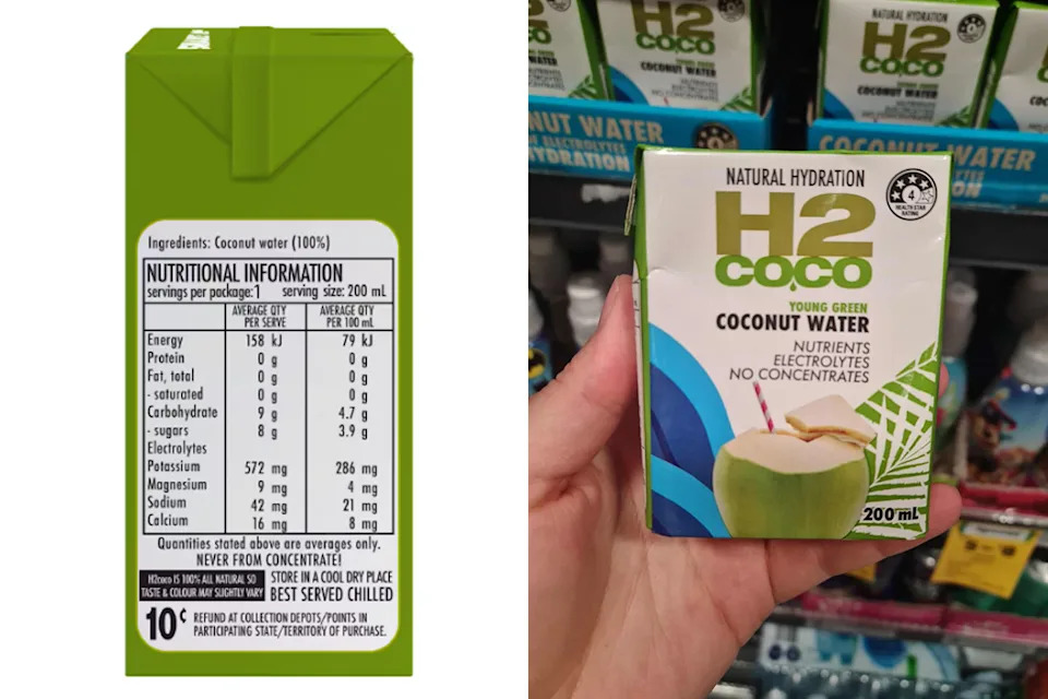Left: The side of the carton. Right: A hand holds the 200ml H2coco carton inside a Woolworths store