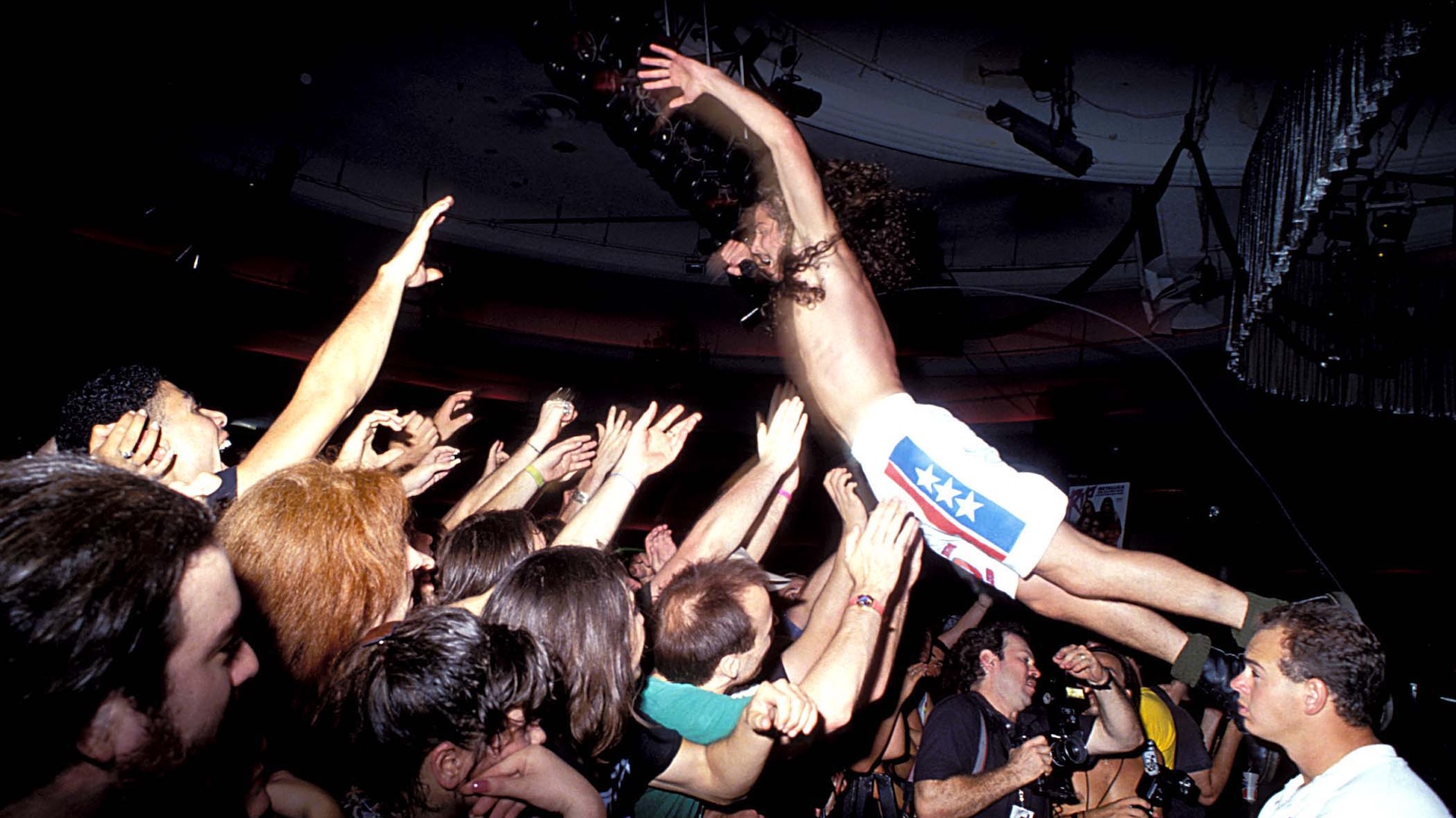 Chris Cornell of Soundgarden stage dives at the RIP! Magazine Party at the Hollywood Palladium, Los Angeles in October 1991