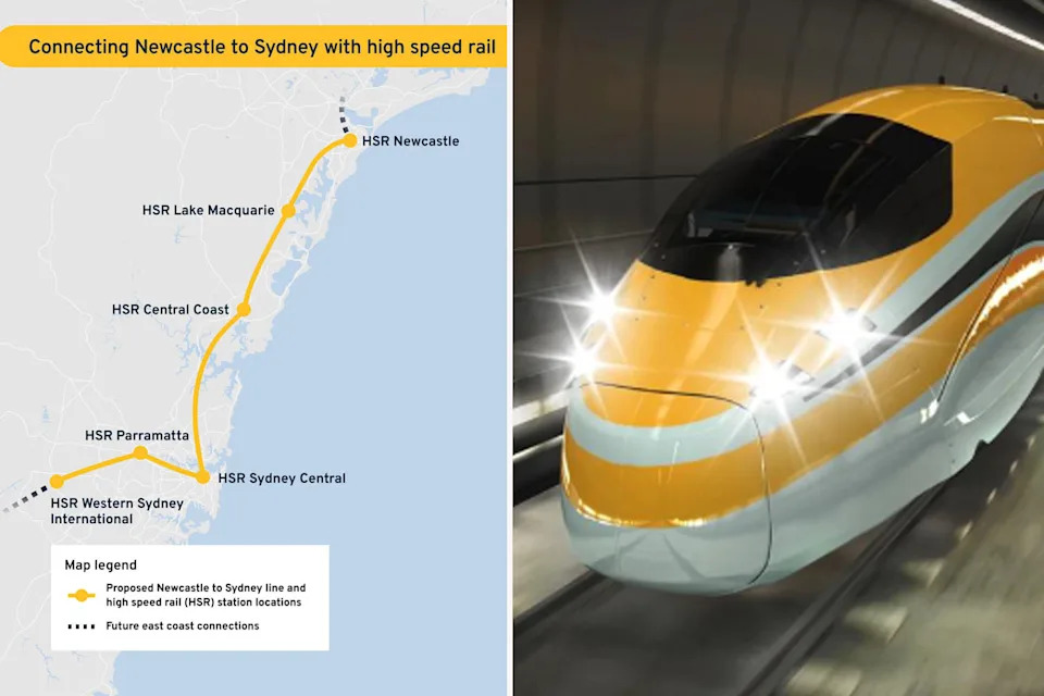 Left: A map showing the proposed high-speed rail route from Sydney to Newcastle. Right: A type of high-speed train.