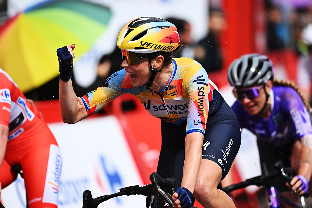 ASTORGA, SPAIN - MAY 07: Mischa Bredewold of Netherlands and Team SD Worx - Protime celebrates at finish line as stage winner during the 12th La Vuelta Femenina 2026, Stage 5 a 119.6km stage from Leon to Astorga / #UCIWWT / on May 07, 2026 in Astorga, Spain. (Photo by Szymon Gruchalski/Getty Images)