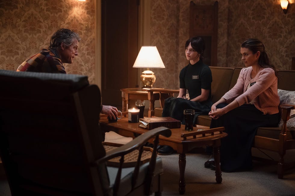 Hugh Grant as Mr Reed, Sophie Thatcher, Chloe East, Heretic hugh grant as mr reed, sophie thatcher, chloe east, heretic