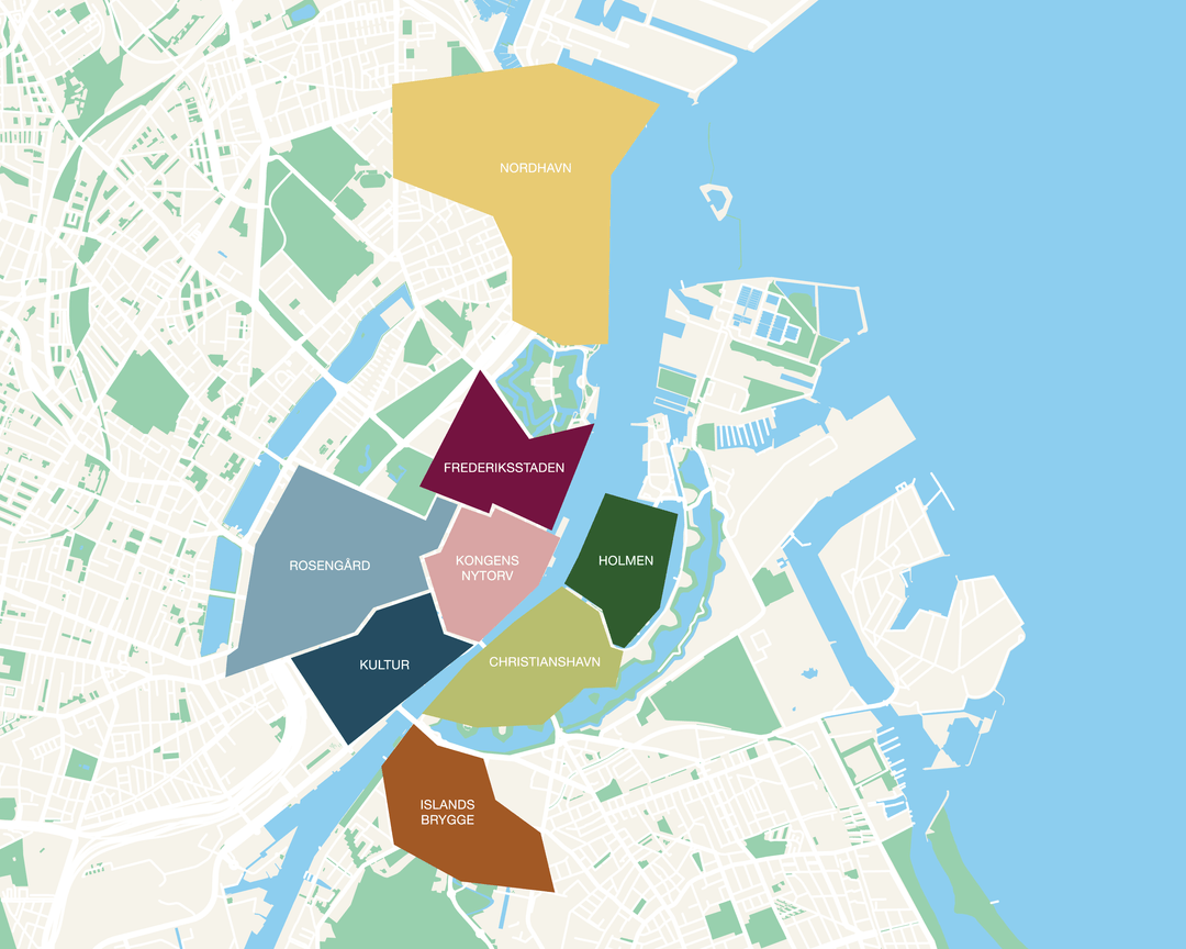 A map of Copenhagen design districts, marked up in pastels.