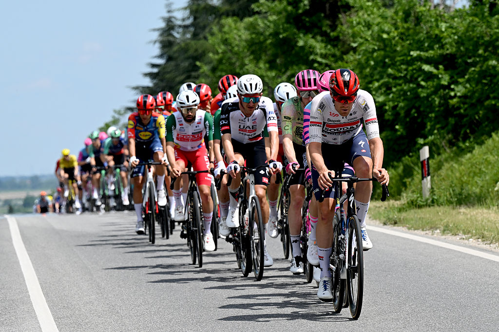 SOFIA, BULGARIA - MAY 10: Ayco Bastiaens of Belgium and Team Soudal Quick-Step leads the peloton during the 109th Giro d&amp;apos;Italia 2026, Stage 3 a 175km stage from Plovdiv to Sofia / #UCIWT / on May 10, 2026 in Sofia, Bulgaria. (Photo by Dario Belingheri/Getty Images)