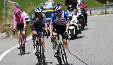 CHARMEY, SWITZERLAND - MAY 02: (L-R) Valentin Paret-Peintre of France and Team Soudal Quick-Step and Primoz Roglic of Slovenia and Team Red Bull - BORA - hansgrohe compete in the breakaway during the 79th Tour de Romandie 2026, Stage 4 a 149.6km stage from Broc to Charmey / #UCIWT / on May 02, 2026 in Charmey, Switzerland. (Photo by Dario Belingheri/Getty Images)