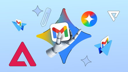 Illustration of a robotic hand holding the Gmail logo, surrounded by Google Gemini sparkles and flying paper planes