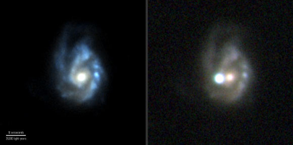 The superluminous supernova SN 2017egm was discovered by ESA’Gaia mission on May 23, 2017; it exploded in a massive barred spiral galaxy known as NGC 3191, shown on the left before the eruption; the image at right, taken on July 1, 2017, shows the supernova outshining the entire galaxy. Image credit: SDSS / PS1 / NOT+ALFSOC / Bose et al.