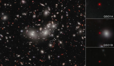 This Webb/NIRCam image shows the little red dot Abell2744-QSO1, magnified and triply imaged by galaxy cluster Abell 2744. Image credit: NASA / ESA / CSA / Lukas Furtak, Ben-Gurion University / Alyssa Pagan, STScI.