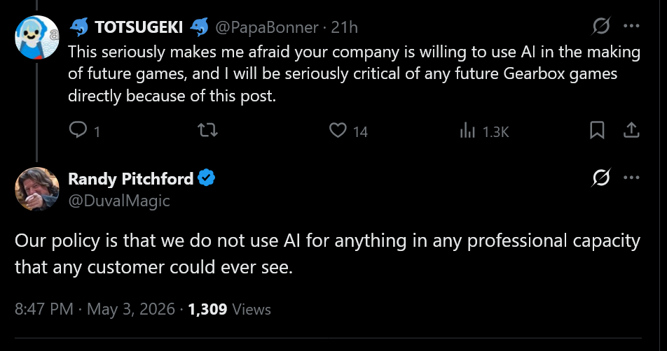 Our policy is that we do not use AI for anything in any professional capacity that any customer could ever see.