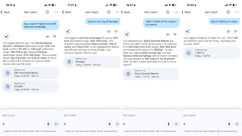 Four screenshots of food logging conversations with Google's AI Coach