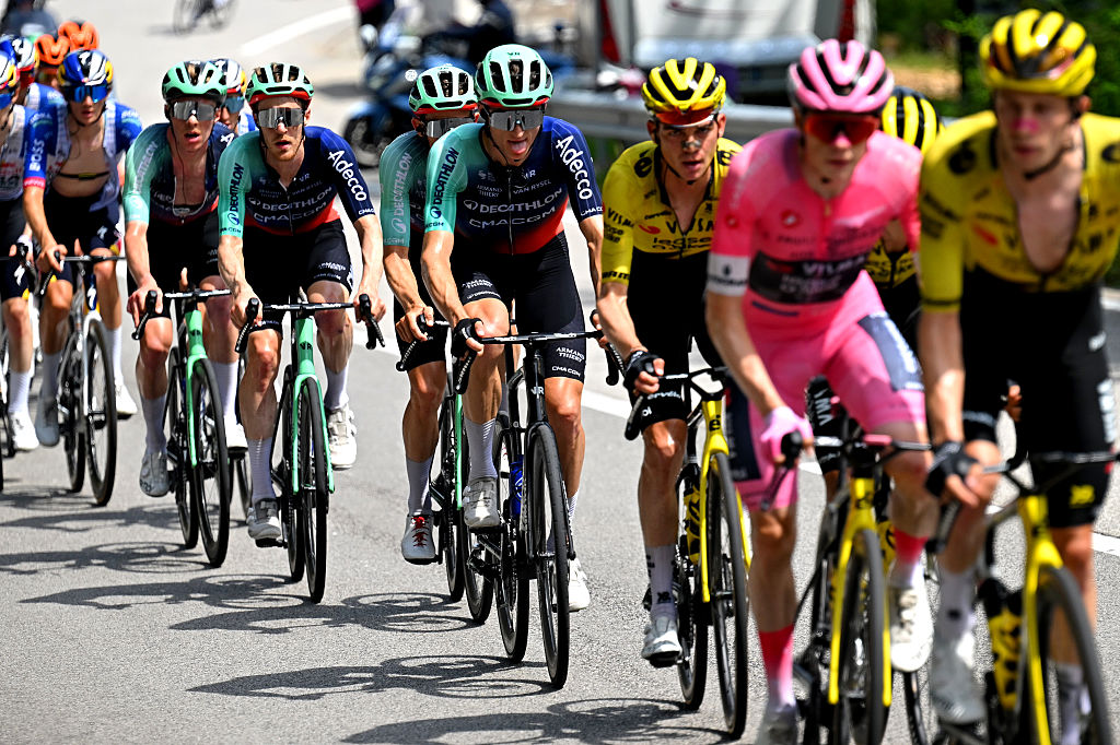PIANCAVALLO, ITALY - MAY 30: Felix Gall of Austria and Team Decathlon CMA CGM competes during the 109th Giro d&amp;apos;Italia 2026, Stage 20 a 200km stage from Gemona del Friuli to Piancavallo 1289m / #UCIWT / on May 30, 2026 in Piancavallo, Italy. (Photo by Tim de Waele/Getty Images)