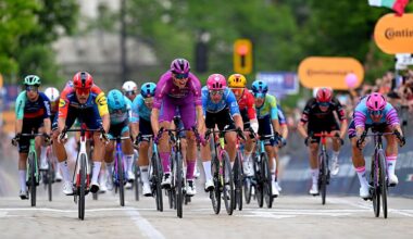 SOFIA, BULGARIA - MAY 10: (L-R) Jonathan Milan of Italy and Team Lidl - Trek, Paul Magnier of France and Team Soudal Quick-Step - Purple Points Jersey, Madis Mihkels of Estonia and Team EF Education - EasyPost and Dylan Groenewegen of Netherlands and Team Unibet Rose Rockets sprint at finish line during the 109th Giro d&amp;apos;Italia 2026, Stage 3 a 175km stage from Plovdiv to Sofia / #UCIWT / on May 10, 2026 in Sofia, Bulgaria. (Photo by Tim de Waele/Getty Images)