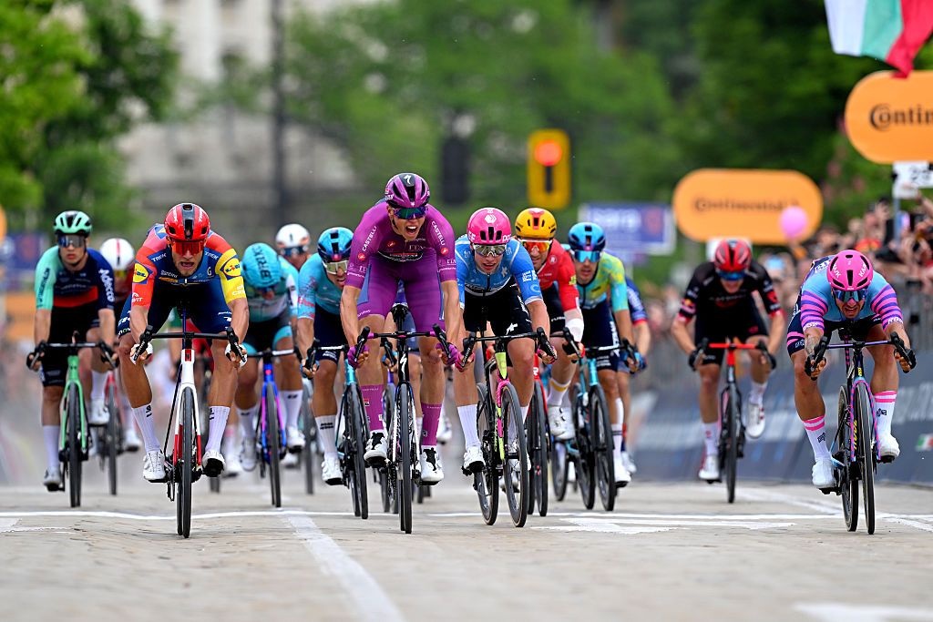 SOFIA, BULGARIA - MAY 10: (L-R) Jonathan Milan of Italy and Team Lidl - Trek, Paul Magnier of France and Team Soudal Quick-Step - Purple Points Jersey, Madis Mihkels of Estonia and Team EF Education - EasyPost and Dylan Groenewegen of Netherlands and Team Unibet Rose Rockets sprint at finish line during the 109th Giro d&amp;apos;Italia 2026, Stage 3 a 175km stage from Plovdiv to Sofia / #UCIWT / on May 10, 2026 in Sofia, Bulgaria. (Photo by Tim de Waele/Getty Images)