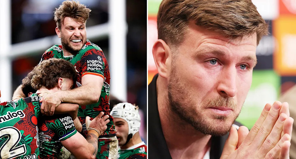 These images show Souths star Jai Arrow announcing his NRL retirement.