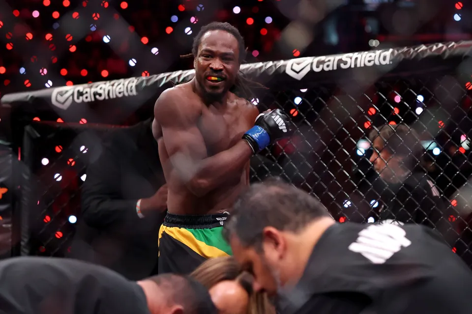 Jason Jackson celebrates against Jefferson Creighton in their welterweight bout during the preliminary fights of Netflix's Ronda Rousey vs. Gina Carano at Intuit Dome on May 16, 2026 in Inglewood, California