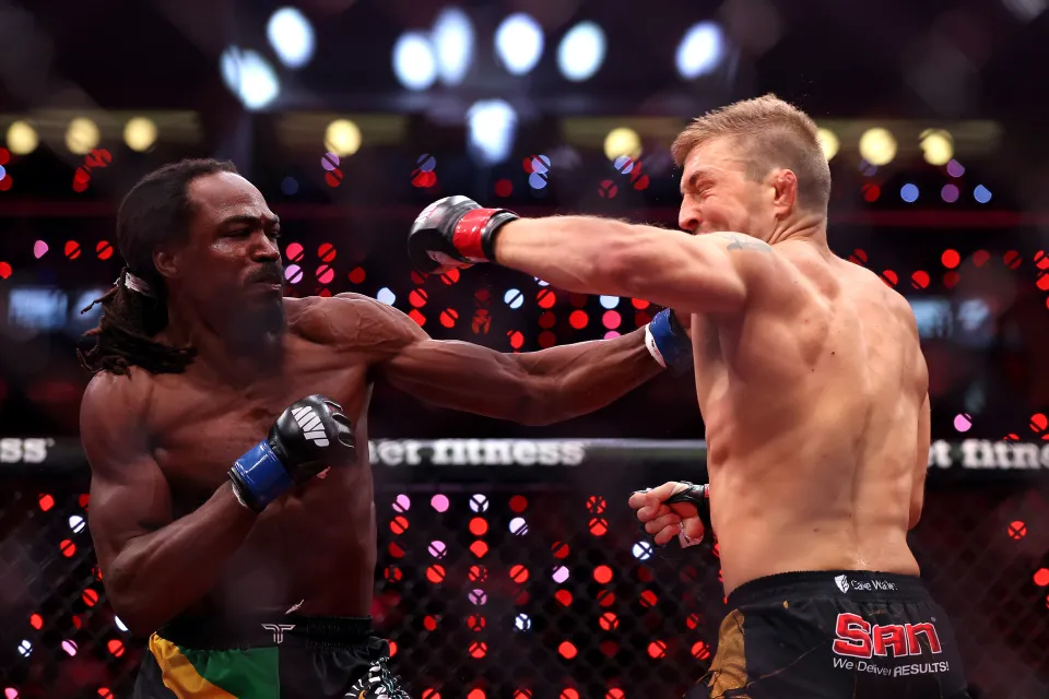 Jason Jackson knocks out Jefferson Creighton in their welterweight bout during the preliminary fights of Netflix's Ronda Rousey vs. Gina Carano at Intuit Dome on May 16, 2026 in Inglewood, California