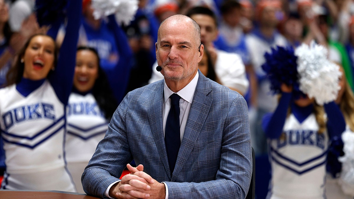 Jay Bilas preparing to broadcast at Cameron Indoor Stadium in Durham, North Carolina
