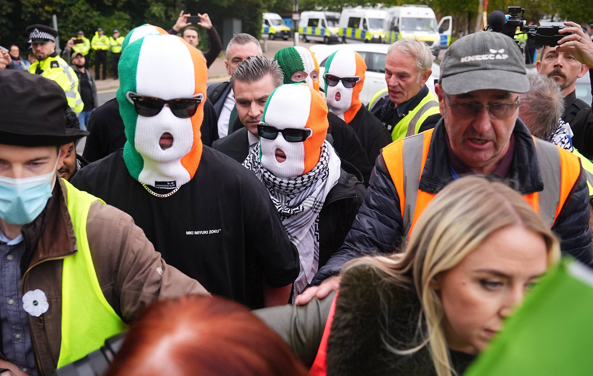 Kneecap's Liam Og O hAnnaidh (Mo Chara) (centre) arrives at Woolwich Crown Court, London (Photo by James Manning/PA Images via Getty Images)