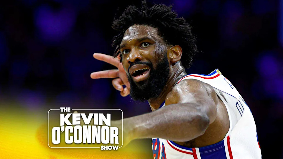 Philadelphia 76ers center Joel Embiid reacts after making a 3-pointer vs. the Boston Celtics. (Photo by Danielle Parhizkaran/The Boston Globe via Getty Images)