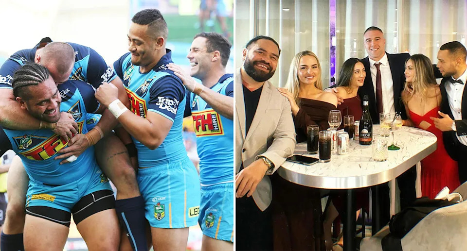 Konrad Hurrell with partner Bec and teammates.