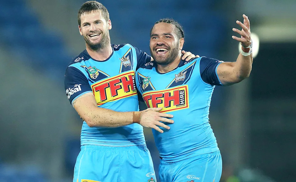 Konrad Hurrell, pictured here after a game for Gold Coast Titans in 2018.