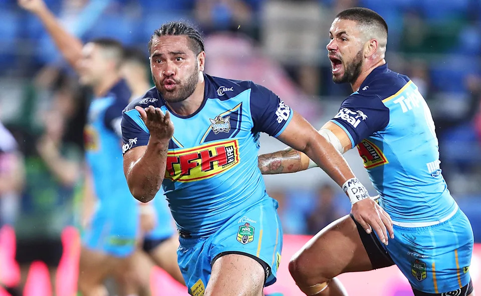 Konrad Hurrell, pictured here during a game for the Gold Coast Titans in 2018.