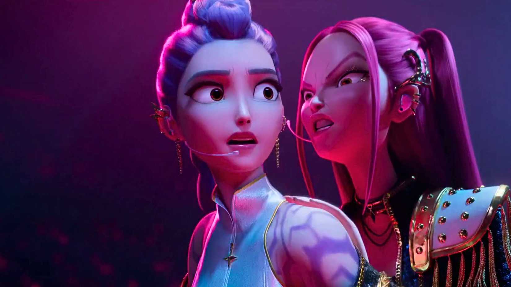A screenshot from KPop Demon Hunters. It shows Rumi looking over her shoulder in fear as Mira leans in, looking angry.
