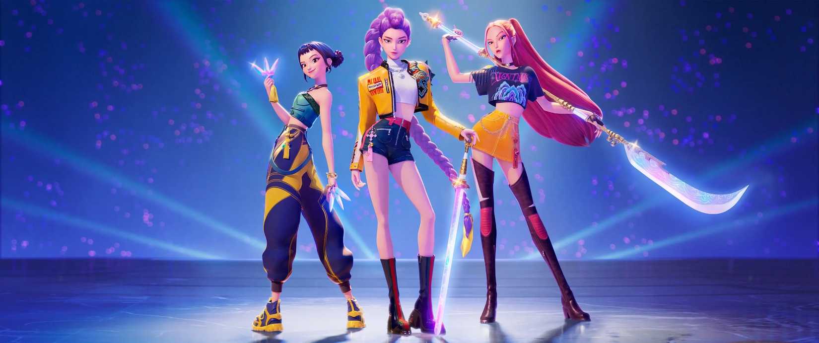 Three heroes from K-Pop Demon Hunters with their weapons