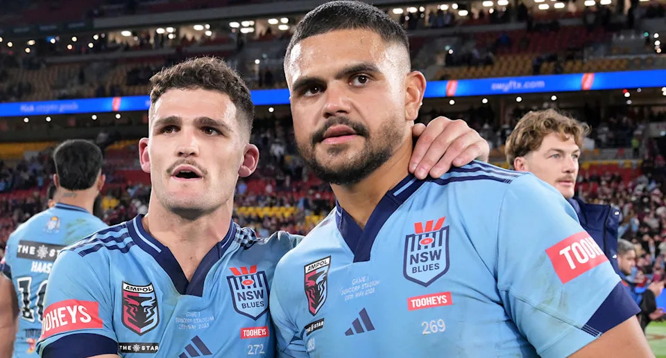 Latrell Mitchell and Nathan Cleary in State of Origin in 2025.