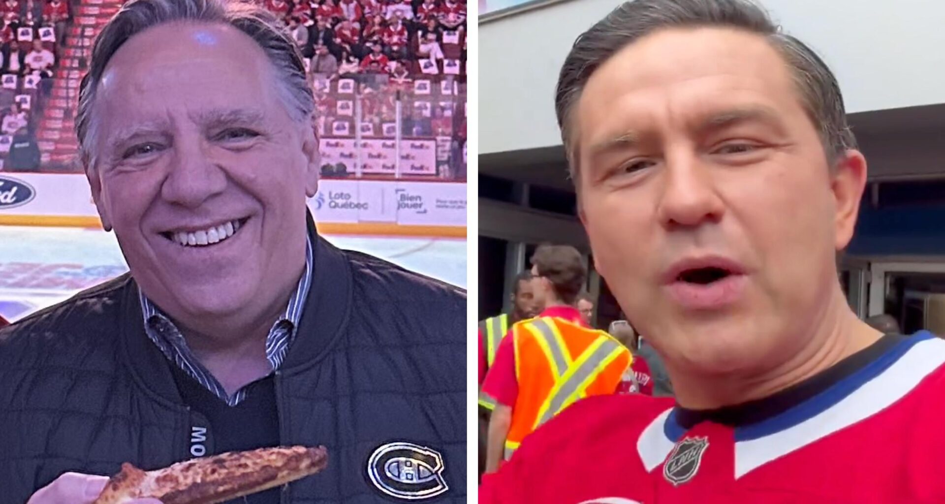 Two images, one of François Legault in the Bell Centre holding a slice of pizza, and one of Pierre Poilievre outside the Bell Centre in a Canadiens jersey.