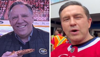 Two images, one of François Legault in the Bell Centre holding a slice of pizza, and one of Pierre Poilievre outside the Bell Centre in a Canadiens jersey.