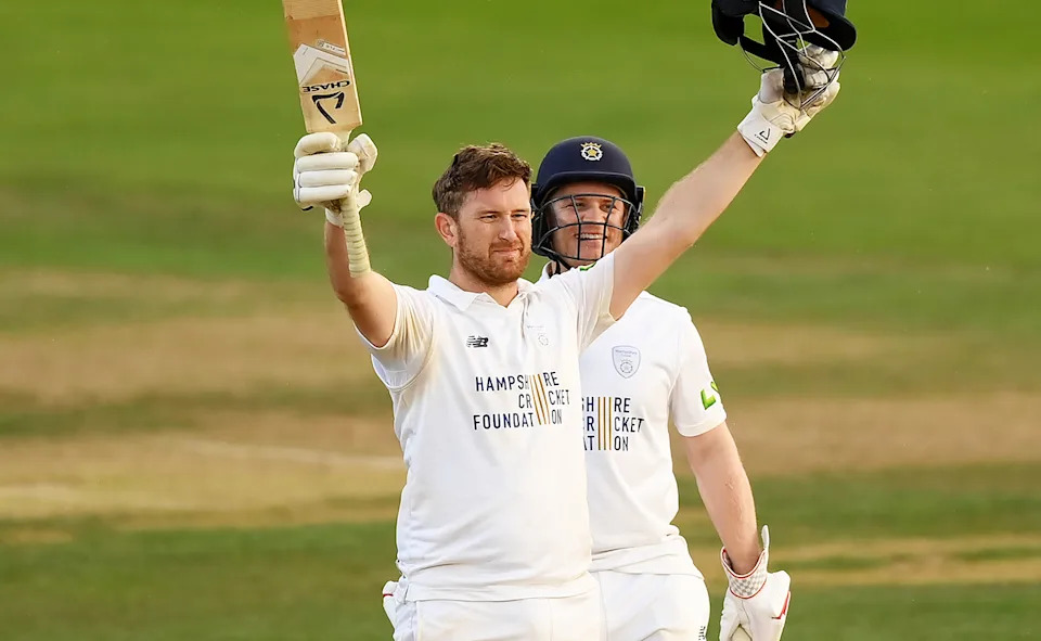 Liam Dawson celebrates a century for Hampshire in 2023.