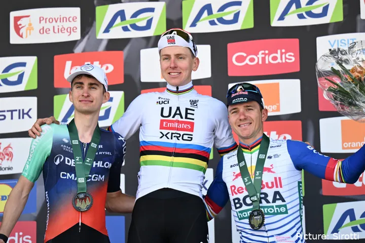 Tadej Pogacar, Paul Seixas and Remco Evenepoel at the 2026 Liêge-Bastogne-Liège