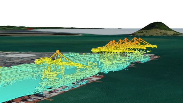 A false-colour image of cranes and buildings at Tauranga Port, made using data from the 3DCM project