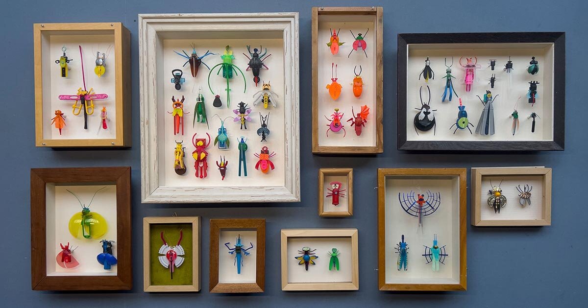 litterbugs reshapes plastic waste into fragile insect sculptures