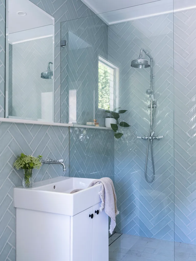 A pale blue bathroom